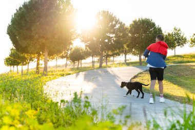 Korumalı maske takan bir adam, Corona virüsü salgını yüzünden dışarıda köpekle tek başına yürüyor.