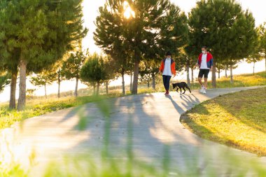 Korumalı maske takan genç bir çift, Corona virüsü salgını yüzünden dışarıda köpekle birlikte yürüyorlar.