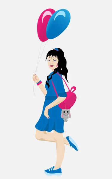Стильная девушка с голубыми и розовыми шариками на день рождения — стоковый вектор