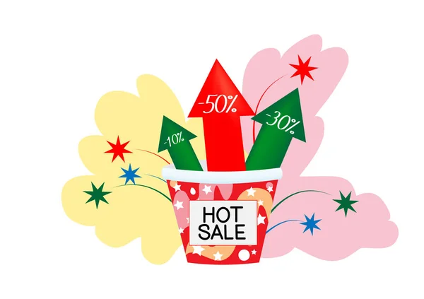 Caixa com fogos de artifício e descontos, grandes vendas, saudação —  Vetores de Stock
