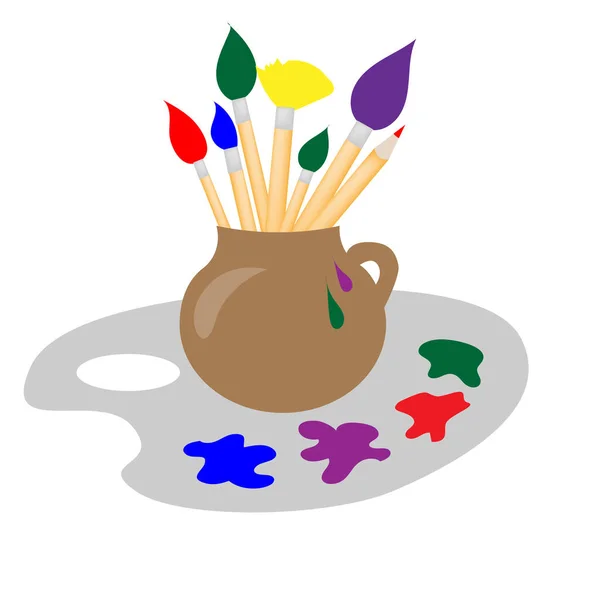 陶瓷壶，装有多种颜色的流苏和用于绘画的调色板 矢量图形