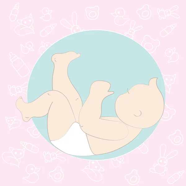 Новонароджена дитина лежить, рожевий фон з дитячими іграшками — стоковий вектор