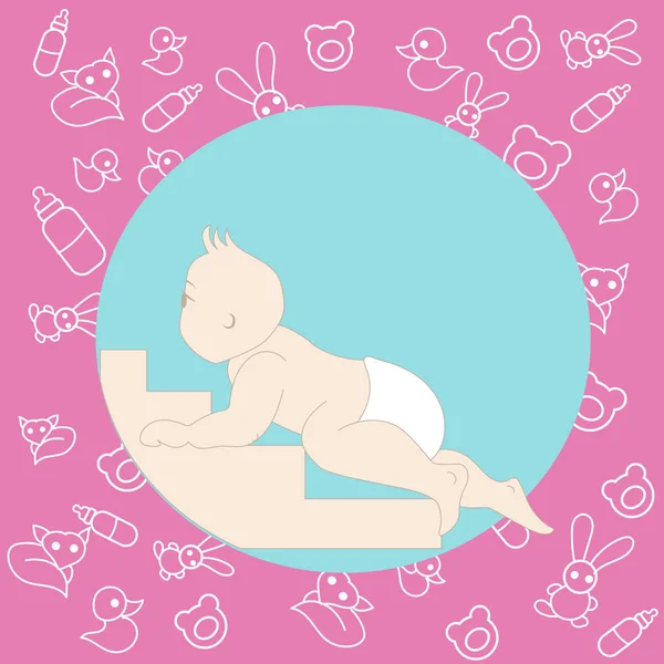 Nyfödd baby klättrar i trappan, rosa bakgrund med barnleksaker — Stock vektor