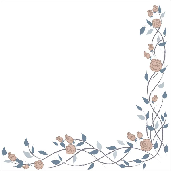 Composición de la esquina con rosas rosadas y hojas verdes. Ilustración vectorial aislada sobre fondo blanco . — Vector de stock