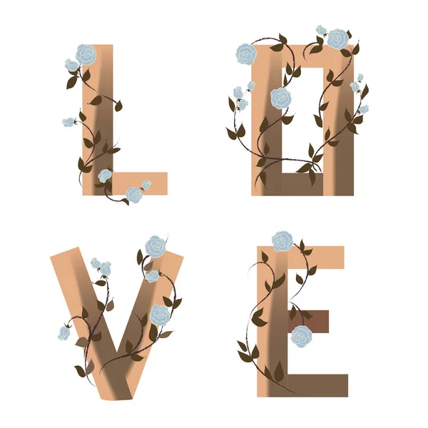 Symbole d'amour, lettres sur fond blanc avec des roses grimpantes dans un style vintage. Carte vintage avec fleurs et typographie tendance . — Image vectorielle