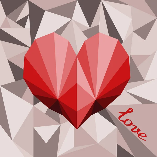 Corazón poligonal en tonos de rojo sobre un fondo de papel gris arrugado, tarjeta de mosaico para el Día de San Valentín — Vector de stock