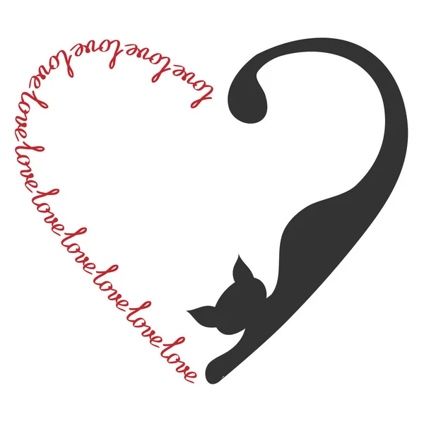 Coeur d'un ruban avec l'inscription amour sur le contour et chat noir, texte manuscrit sur le contour du cœur pour la Saint-Valentin pour les cartes de voeux, publicité, valentines — Image vectorielle