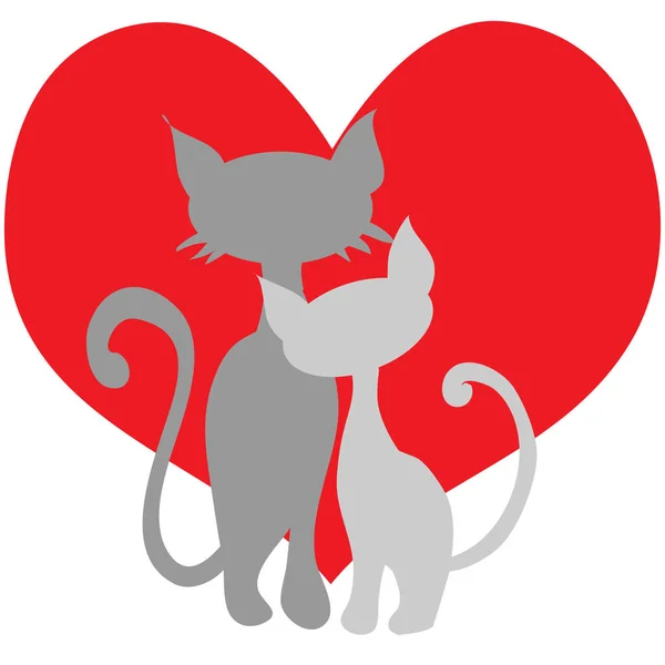 Coppia di gatti su uno sfondo di cuori rossi per progetto di valentines, carte su amore, matrimonio — Vettoriale Stock