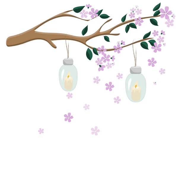 Tarjeta de felicitación para la fiesta de la primavera, 8 de marzo, Año Nuevo Chino, sakura con linternas — Vector de stock