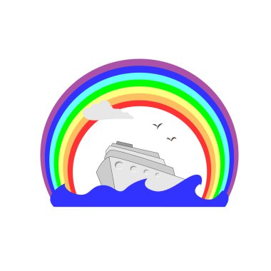 Yaz seyahati gemisi. Gökkuşağı ve ufuk çizgisi olan bir gemide seyahat için reklam şablonu