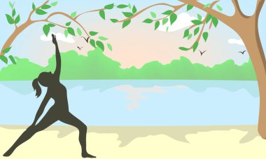 Kız nehir kenarında yoga yapıyor, doğa, sağlıklı yaşam tarzı, spor, dans, kadın silueti.