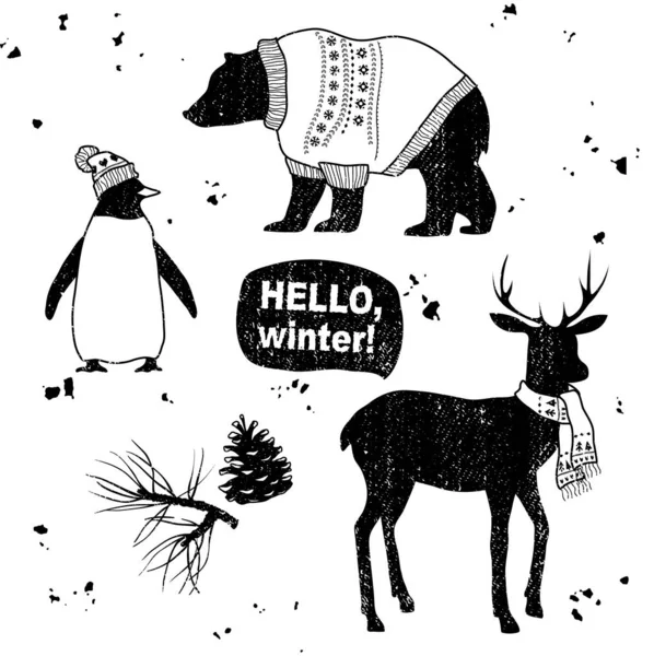 Kış takımı. Çizgi film hayvanları. Mevsimsel vektör elementleri