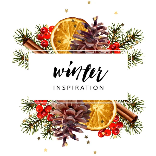 Vektör koruma şablonu. Firavun dalları, kurutulmuş portakal dilimi, kozalak, tarçın çubuğu. Mevsimlik kış duvar kâğıdı.