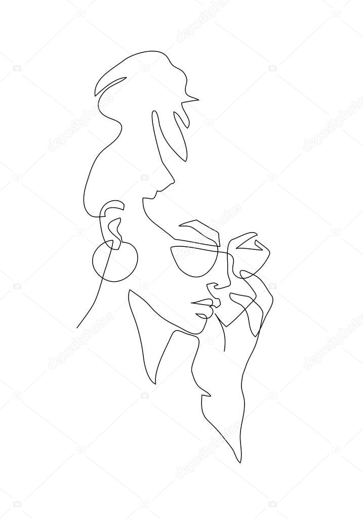 Young woman portrait. Continuous line drawing. Fashion illustration