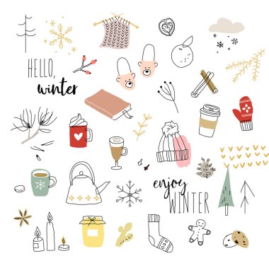 Sıcak kış karalamaları. Mevsimsel vektör illüstrasyonu.