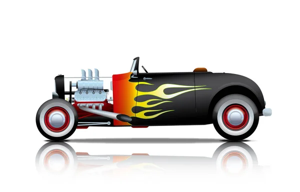 Nero vintage hot-rod con fiamme — Vettoriale Stock