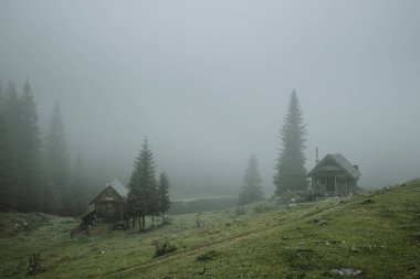 Beautiful place with green pastures in mountains around the lake, called Planina pri jezeru in Triglav national park in Slovenia with traditional wooden huts for herdsmen in the summer misty day clipart