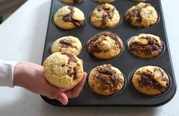 Muffin Filled Melted Chocolate Young Woman Hand — Stock Photo, Image