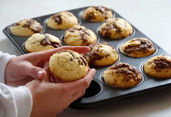 Sweet Homemade Muffin Girl Hands Just Baked Cupcakes Background — Stock Photo, Image