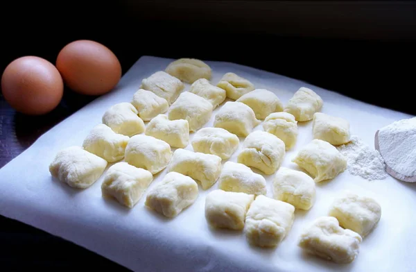 Homemade Pasta Prepared Raw Uncooked Homemade Potato Gnocchi Spoon Flour — Stock Photo, Image