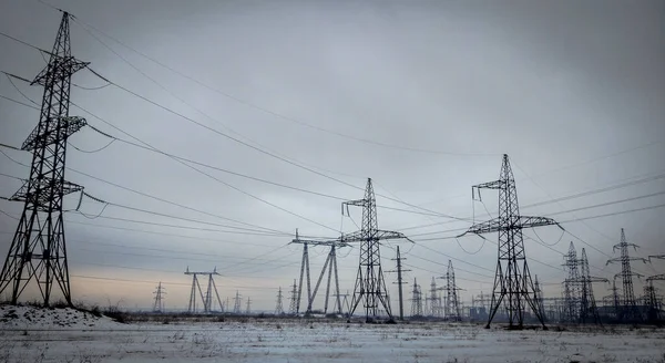 Power Lines Winter Evening — Stock Photo, Image