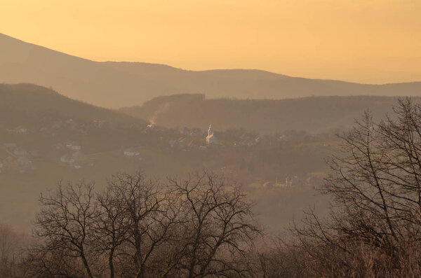 Mountain village at sunset