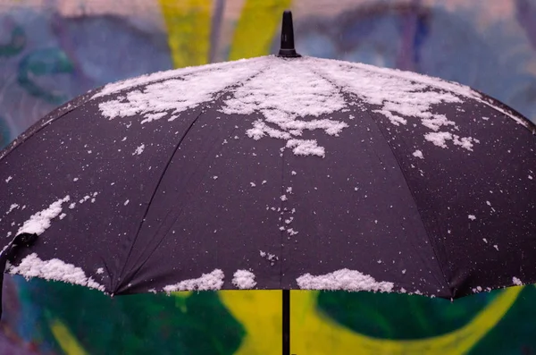 Guarda Chuva Preto Durante Queda Neve — Fotografia de Stock