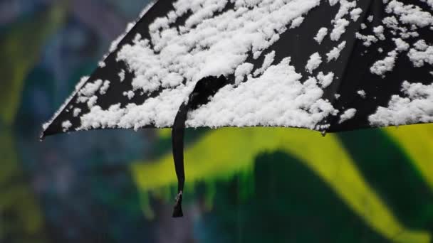 Schwarzer Regenschirm Bei Schneefall — Stockvideo