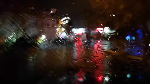 Landschaften Der Nächtlichen Stadt Regen Durch Windschutzscheibe — Stockvideo
