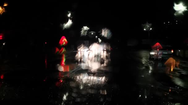 Paesaggi Della Città Notte Sotto Pioggia Attraverso Parabrezza — Video Stock
