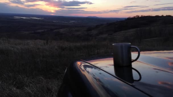 Cup Tea Hood Suv Sunset Background — Stock Video