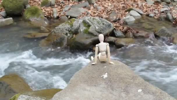 Eklemli Küçük Adam Bir Dağ Nehrinin Üstündeki Bir Taşın Üzerinde — Stok video