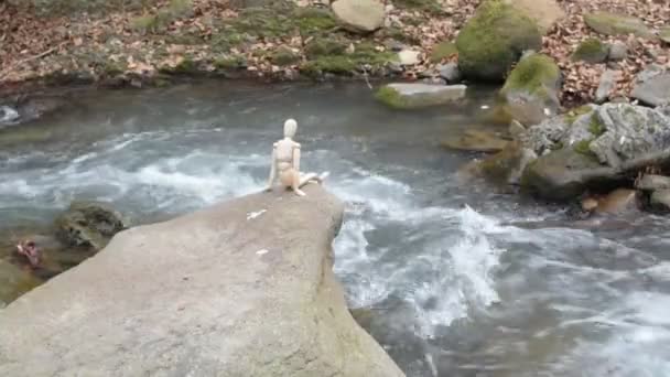一个理解清楚的小矮人坐在山河上方的石头上 — 图库视频影像