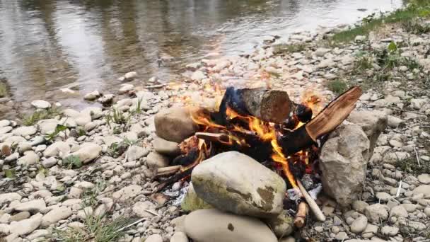 Campfire Sulla Riva Del Fiume Forte Vento — Video Stock