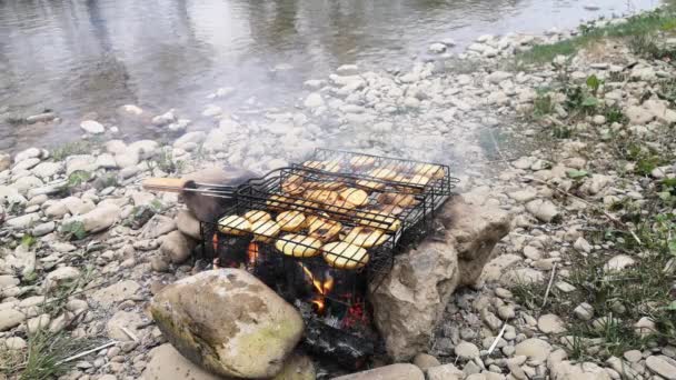 Cooking Potatoes Lard Fire — Stock Video