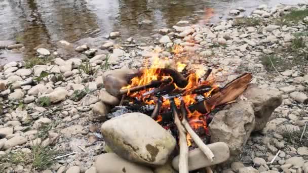 在强风中在河岸上营火 — 图库视频影像