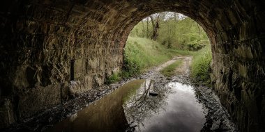 Su birikintisi olan terk edilmiş eski bir su kemeri.