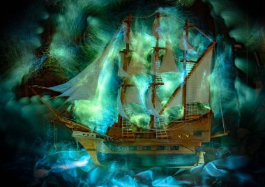 Denizde bir yelkenli firkateyninin hafif çizimi