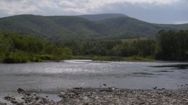 Bahar güneşli bir günde dağ nehri manzarası