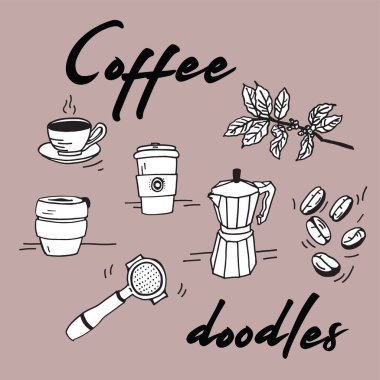 El yapımı kahve karalamaları: fincan, percolator, portafilter, paket kupası, kahve yasakları, kahve dalı..