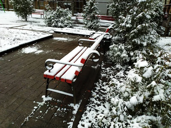 Kış parkındaki banklar, kasabada kış