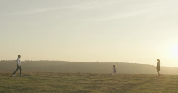 Familia joven y feliz con identificación de bebé caminando en el campo. Una niña está corriendo hacia sus padres. 4K — Vídeos de Stock