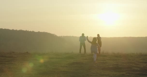 A jovem família feliz está a caminhar no campo. Uma menina está correndo para seus pais. 4K — Vídeo de Stock