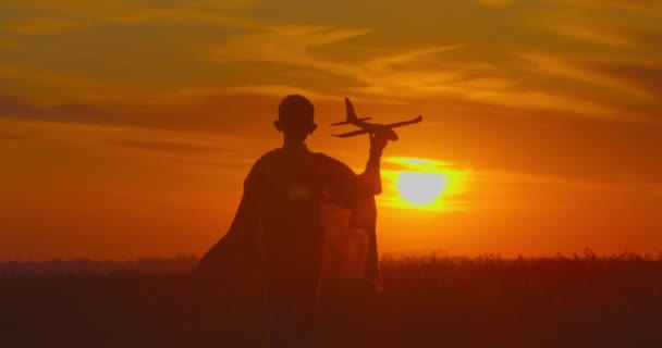 Een jongen gaat over een veld met een vliegtuig in zijn hand. Zonsondergang. 4K — Stockvideo