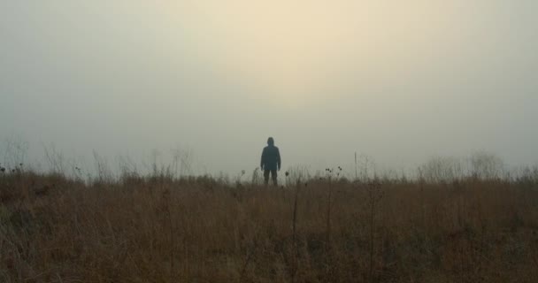 Mystieke video. Een jongen in een capuchon staat aan de rand van het veld en kijkt naar de mistige horizon. 4k — Stockvideo