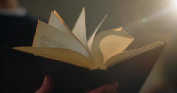 Κοντινό πλάνο, ο τύπος γυρίζει γρήγορα ένα παλιό βιβλίο και η σκόνη από αυτό πετάει προς το φως. 4K — Αρχείο Βίντεο