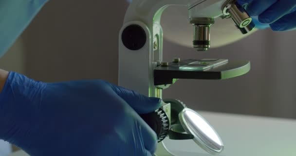 근접 촬영. 실험실에서 일하는 사람 이 현미경을 들여다보고 조정하고 있습니다. 실험은 실험실에서 했습니다. 백신을 찾는 거지. 4K — 비디오