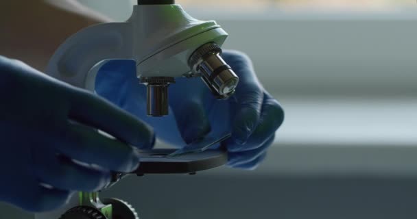 Κοντινό πλάνο. Ένας εργάτης εισάγει μικροσκόπιο και μετακινεί το φακό. Πειράματα στο εργαστήριο. Ψάξε για εμβόλιο. 4K — Αρχείο Βίντεο