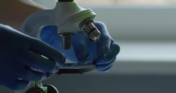 Nahaufnahme. Ein Labormitarbeiter schiebt Mikroskopschieber ein und bewegt die Linse. Experimente im Labor. Suche nach einem Impfstoff. 4K — Stockvideo