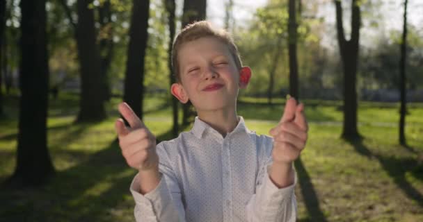 Närbild porträtt. En pojke knäpper med båda händerna och skakar på huvudet "Ja". Helg i parken. 4K — Stockvideo